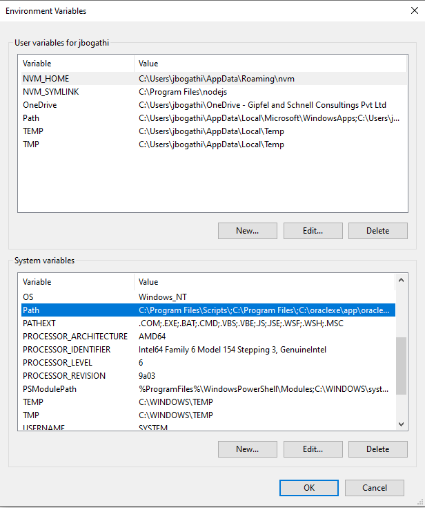 This image shows the Environment variables page