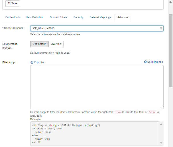 See the Cache database, Enumeration process, and the Filter script settings.