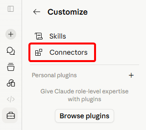 A screenshot of the Claude interface with the Customize window open and Conncetors selected.