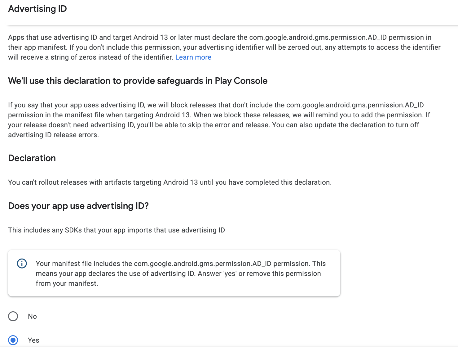 screenshot of ad-id consent in google play advertising-id form in app-content