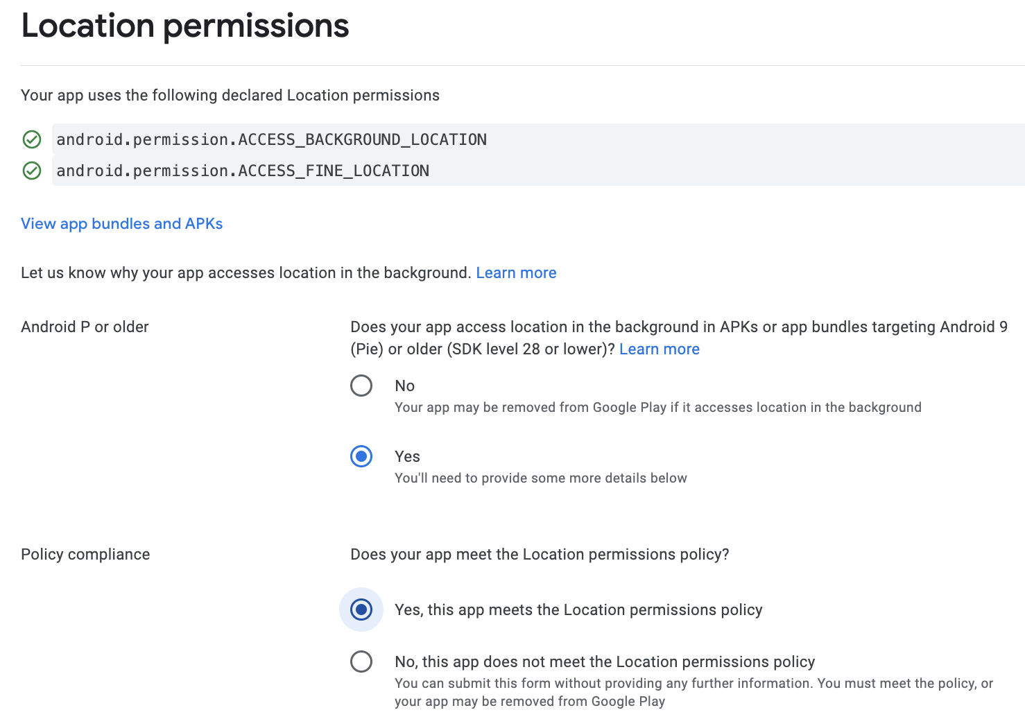 screenshot of location permissions consent in google play app-content form