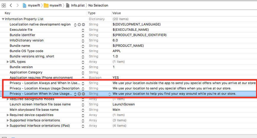 screenshot of location keys in Info.plist