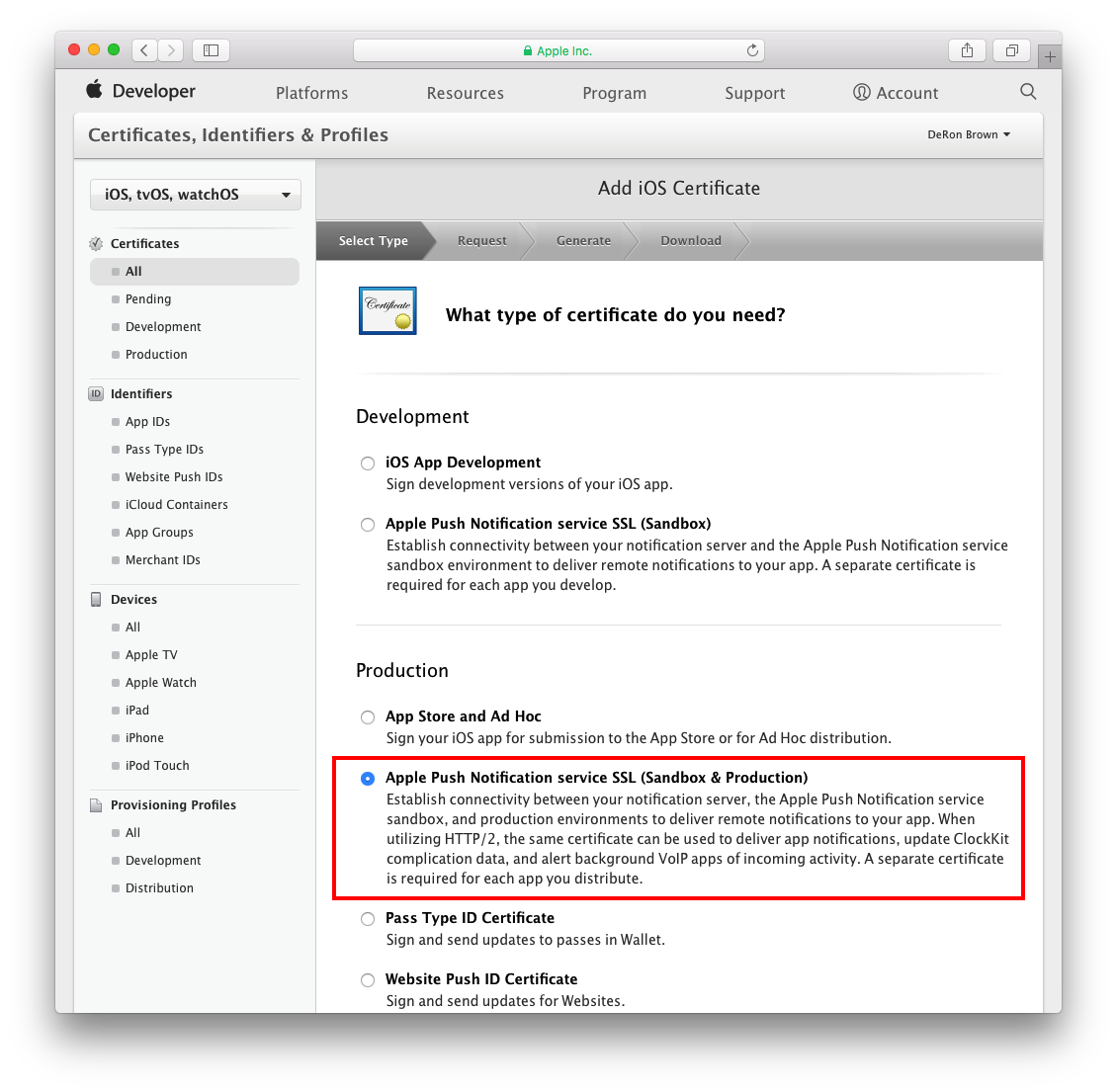screenshot of univeral push certificate creation