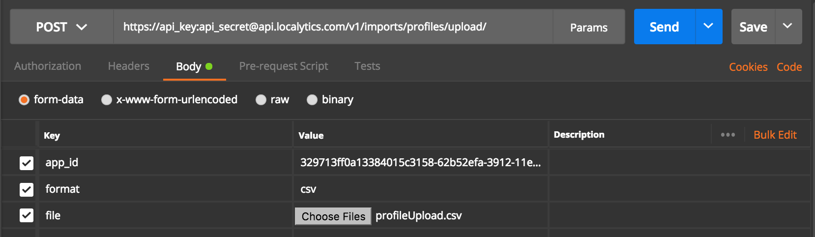 Postman Profile Import API example