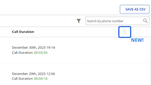 Sorting arrows are now available on the "Calls" page.