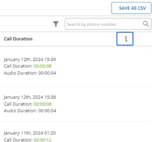 Calls are sorted in descending order.
