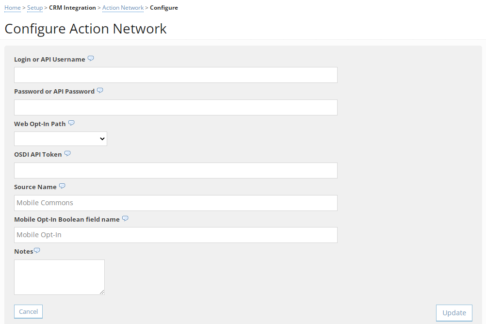 Action Network configuration form