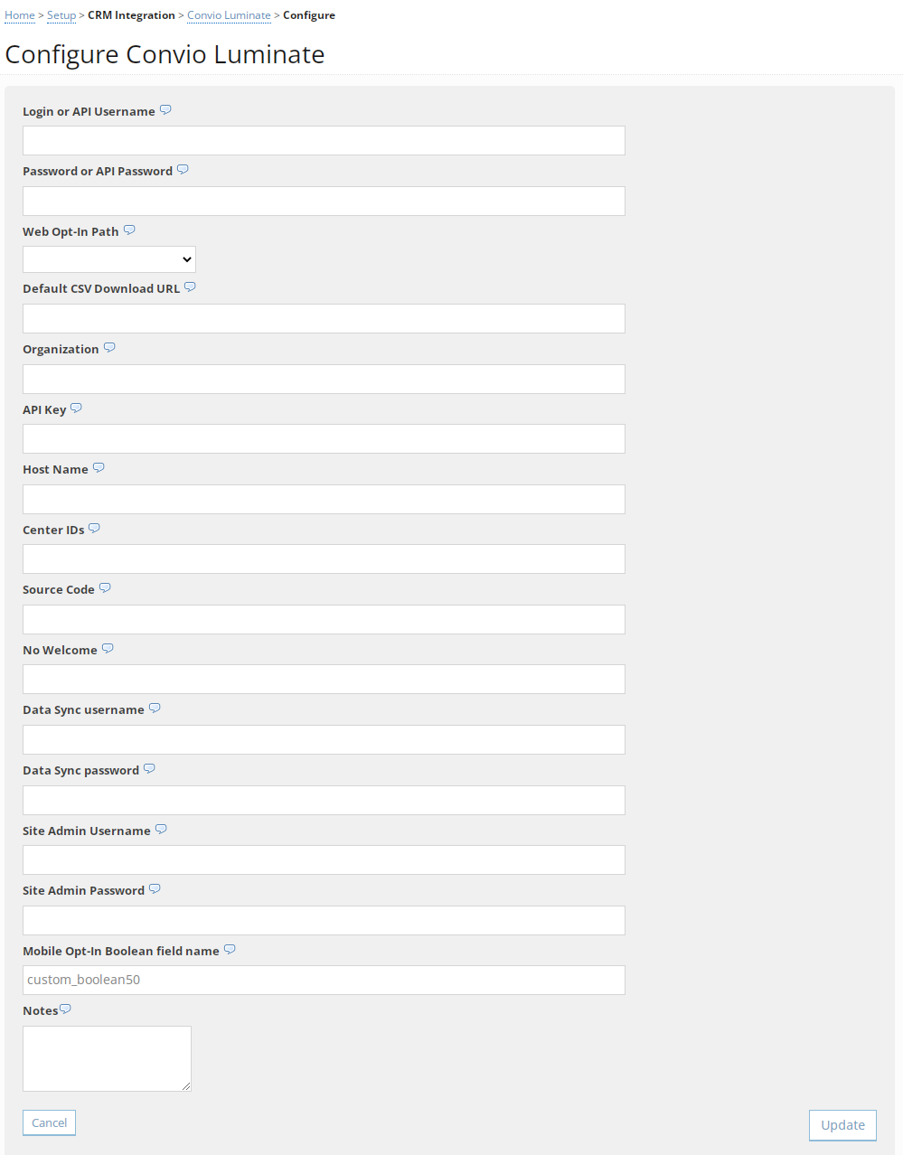 Convio Luminate configuration form