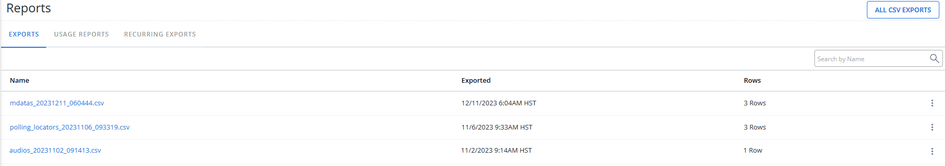 Recent Data Exports table