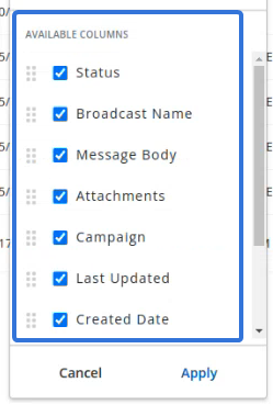 The "Table settings" window contains a list of available columns that can be added / removed from the table