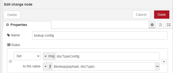Properties panel of the change node, with a rule set as per the preceding text. 