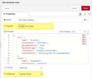 The properties panel of the template node, with the Property set to flow.docTypes and template containing the JSON text earlier on this page. The output is set to Parsed JSON.