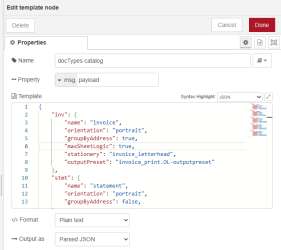 Properties panel of the template node. The JSON above is entered for the template.