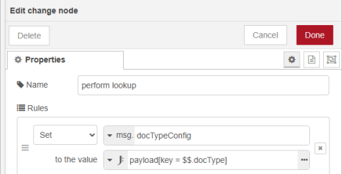 Properties screen of the change node, configured as described in the preceding text. 