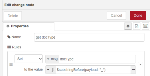 The properties window of the change node, showing rules completed as described in the preceding text. 