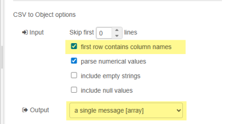 The properties panel of the CSV node, configured as per the preceding text. 