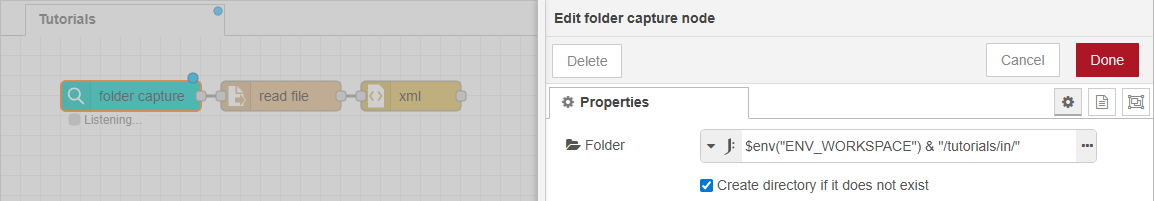 Flow showing the Properties panel for a folder capture node. For the folder path script, $env("ENV_WORKSPACE") & "/tutorials/in/" has been entered.