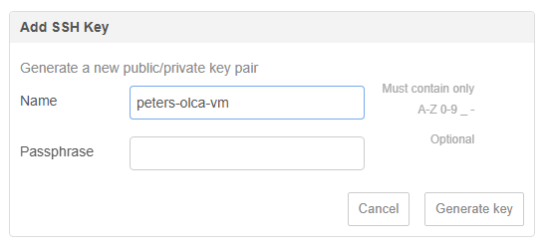 OL Connect Automate window for adding an SSH Key, showing the fields to enter a name and passphrase, and generate key. 
