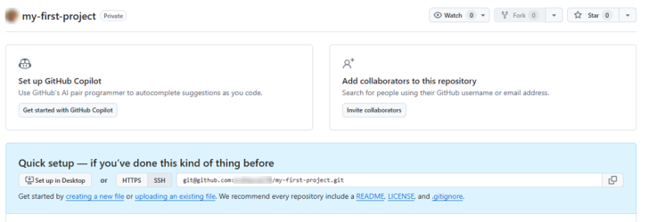 GitHub window for setting up communication with the new repository.
