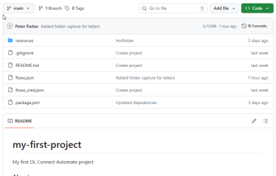 Browser window for the GitHub repository, showing a list of file from an OL Connect Automate project.