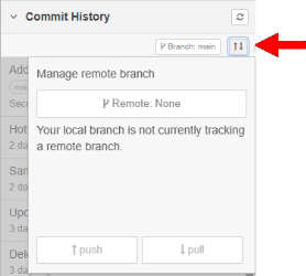 Commit History panel, with the manage history icon identified. The icon is a small square with two arrows; one pointing up and one pointing down. 