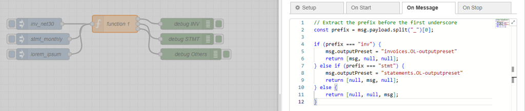 A flow with three input nodes, a switch node, and three debug (output) nodes, and the properties panel, On Message tab, showing the script.