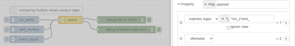 A flow with three input nodes, a switch node, and two debug (output) nodes, and the properties panel showing the entered matches regex condition.