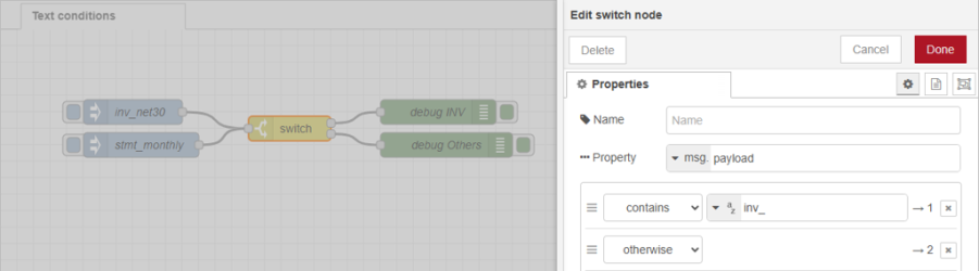 A flow with two input nodes, a switch node, and two debug (output) nodes, and the properties panel showing the entered contains condition.