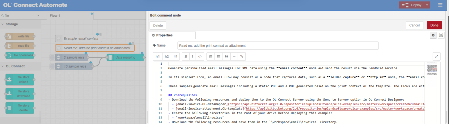 The edit screen, with a flow visible, a comment selected, and instructions for the flow in the properties panel. 