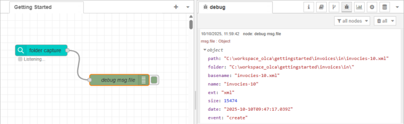 The two nodes in the workflow, folder capture and debug msg file. Debug is selected, and a panel on the right shows the object properties.