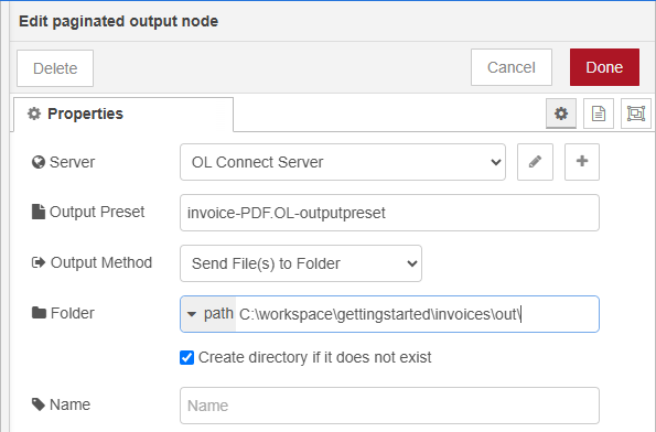 Properties panel of the paginated output node, with entries as described above.