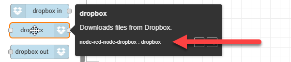 Tooltip for a node, showing that the node is from dropbox, a third-party, and therefore a node not supported by Objectif Lune.