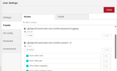 The Palette tab of the Palette Manager, showing installed packages, and nodes for a selected package.