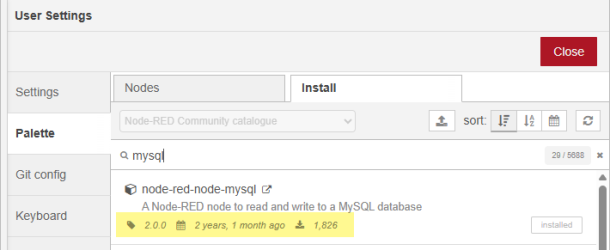 A pacakage search result in the Palette Manager. Below the package name and description, the version, last updated date, and the weekly download statistics display. 