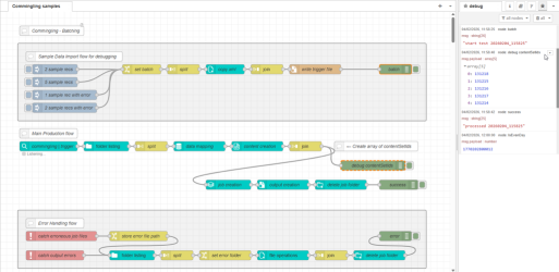 A flow with a test scenario and a debug node, as described in the text.
