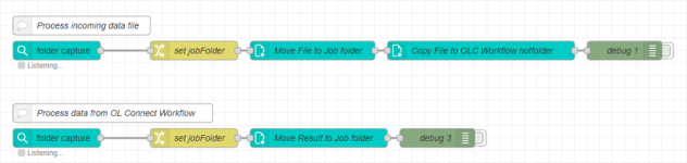 Two OL Automate flows, with the nodes to process the incoming file and send it to OL Workflow, and to process the file received from Workflow, as per the steps above.