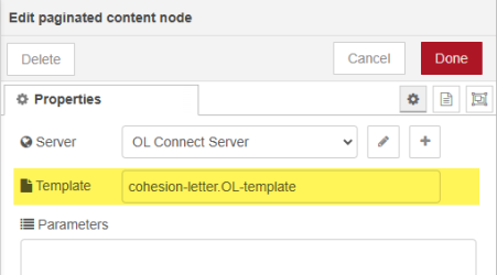 The properties panel for the paginated content node. For the template field, 'cohesion-letter.OL-template' has been entered.