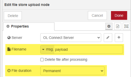 Properties panel for the file store node, with entries as described in the text above. Delete file after processing is not checked.