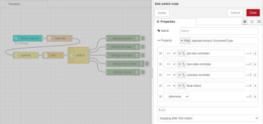 A sample flow showing the steps involved, and five debug nodes after the switch node.
