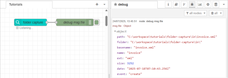 An activiated debug flow, showing the metadata for a file in the debug panel. Each data item shows on its own row, with the item name and then the item value.