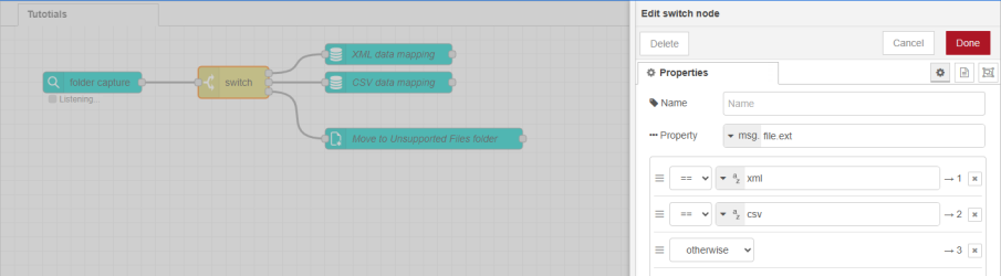 Flow showing the folder capture node, connected to the switch node, with three connected nodes for different file extension results. 