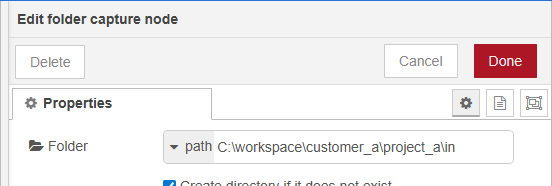 Properties panel, showing a folder path entered using Windows notation.