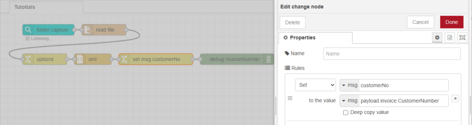 Flow using folder capture, read file, options, xml, change, and debug nodes, and showing the selected properties for the change node.