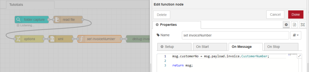 Flow using folder capture, read file, options, xml, function, and debug nodes, and showing the selected properties for the function node.