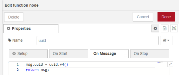 The properties panel of a function node, with On Message fields populated as described in the text above.