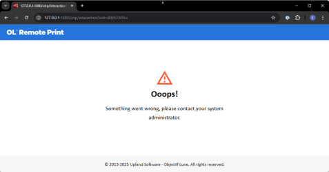 A browser screen, with a red exclamation mark icon and the text "Oops, something went wrong, please contact your system administrator."