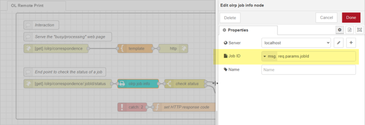 Properties panel for the olrp job info node, with Job ID msg. req.params.jobID.