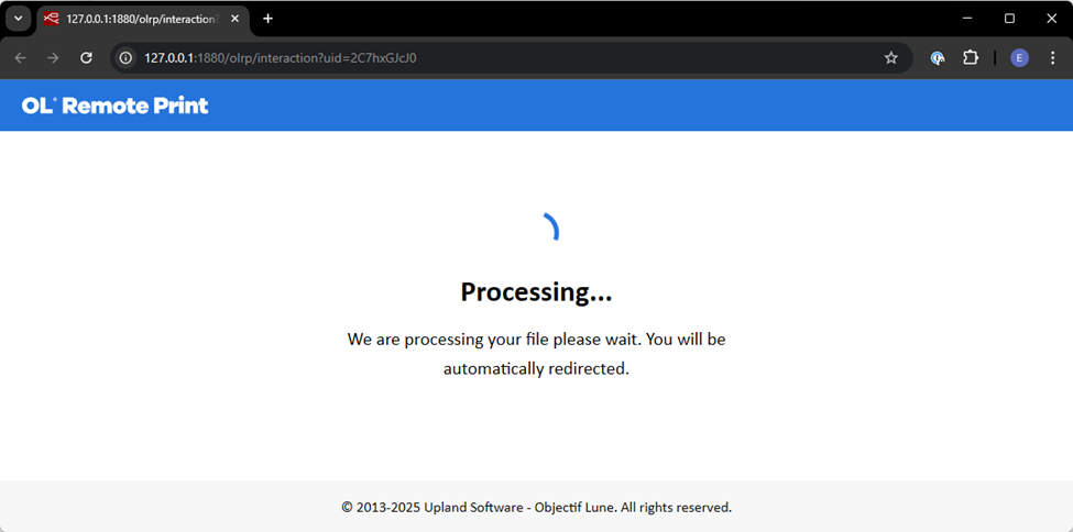 A screenshot of OL Remote Print on a 'processing' browser page, at the URL specified.
