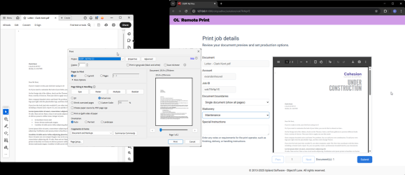 A collage of screens, showing a letter in Word, the print job sent to OLRP, and an OLRP-generated web page showing details of the print job and a preview of printed output. 