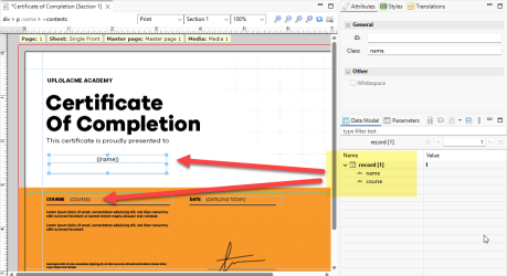 OL Connect Designer screen with PDF certificate template and data fields for name and course.